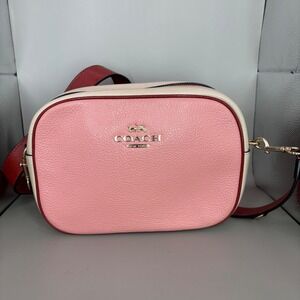 Coach Pebble Leather Colorblock Crossbody Camera Bag Pink Cream Red Gold